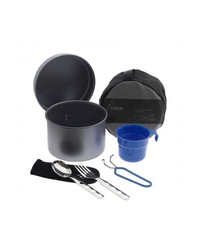 Non stick aluminium cooking set with cutlery, cup